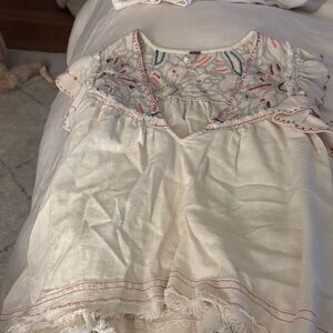 Free People Cream Blouse with Embroidered Accents